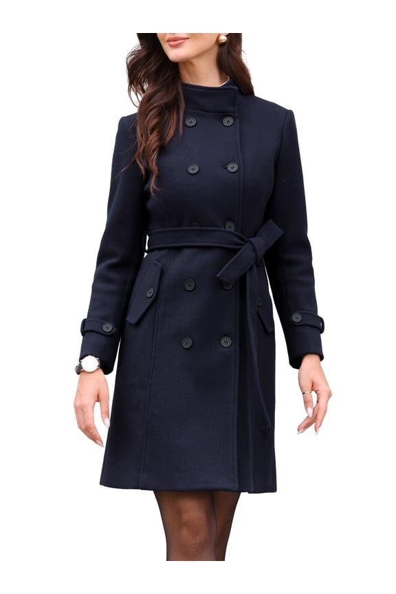 Double Breasted Pea Coat for Women Stand Collar Mid Long Trench Outwear Winter Coat with Belt M Deep Blue