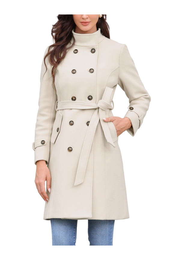 Double Breasted Pea Coat for Women Stand Collar Mid Long Trench Outwear Winter Coat with Belt XL White