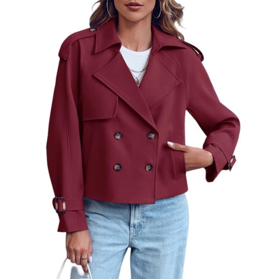 Double Breasted Women Solid Color Casual Crop Trench Coat Lady Office Jacket with Pocket