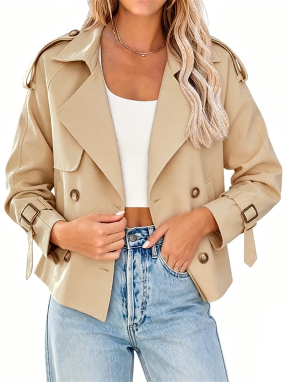 Double Breasted Women Solid Color Casual Crop Trench Coat Lady Office Jacket with Pocket