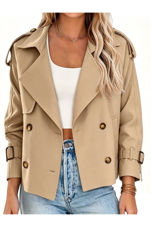Double Breasted Women Solid Color Casual Crop Trench Coat Lady Office Jacket with Pocket