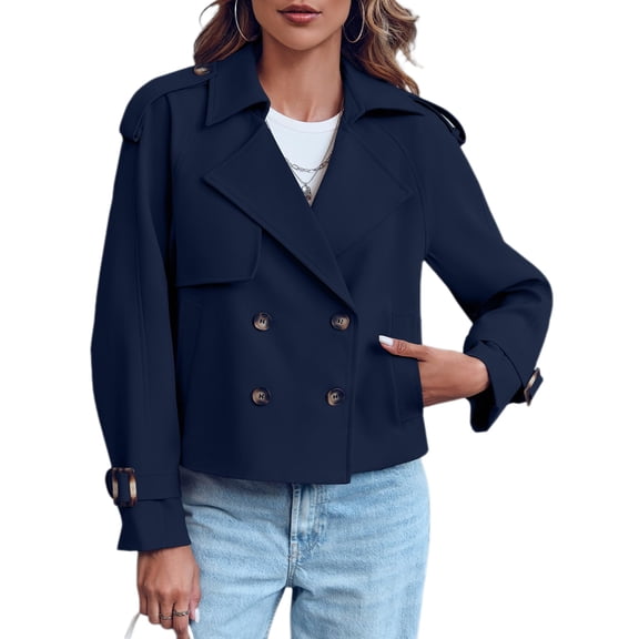 Double Breasted Women Solid Color Casual Crop Trench Coat Lady Office Jacket with Pocket