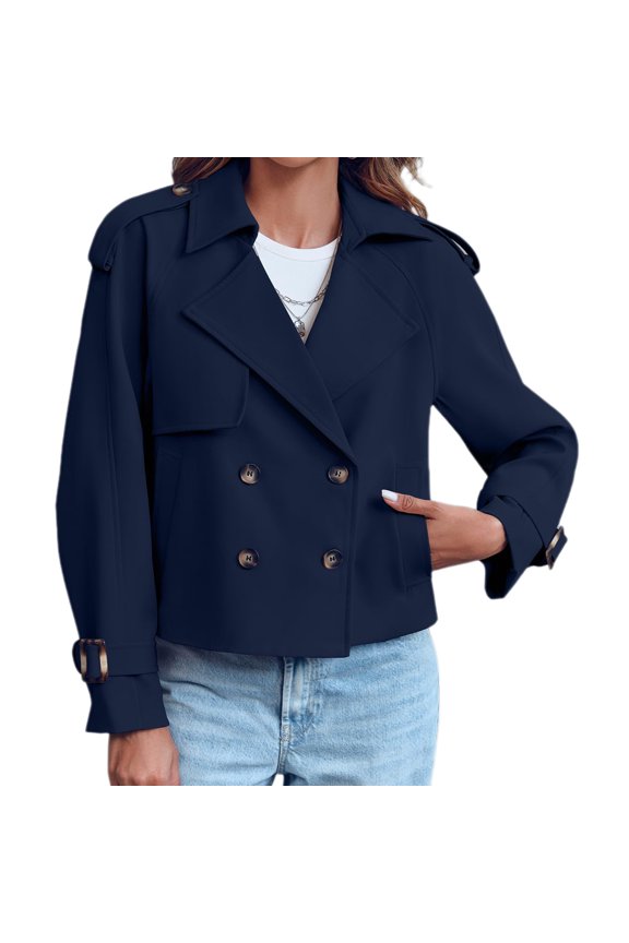 Double Breasted Women Solid Color Casual Crop Trench Coat Lady Office Jacket with Pocket