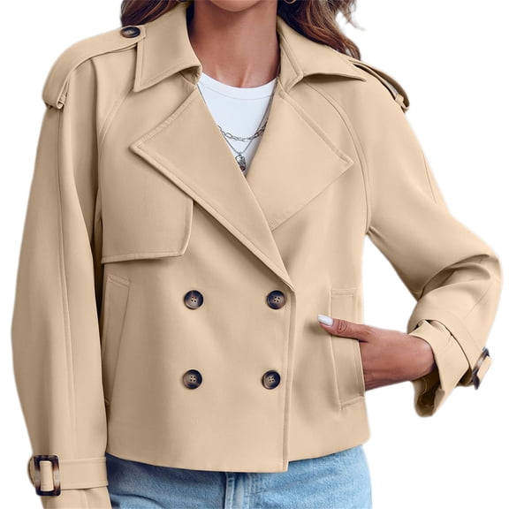 Double Breasted Women Solid Color Casual Crop Trench Coat Lady Office Jacket with Pocket
