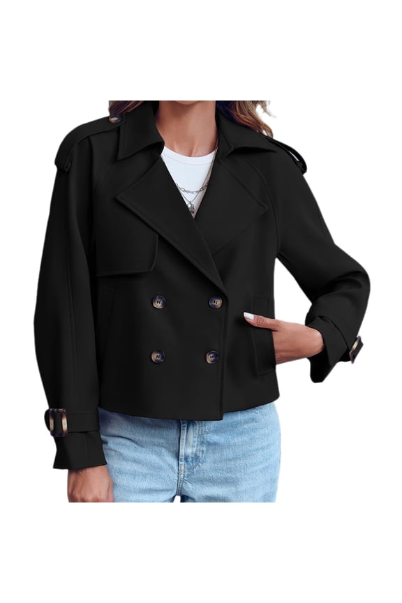 Double Breasted Women Solid Color Casual Crop Trench Coat Lady Office Jacket with Pocket