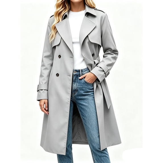 Double Breasted Women Solid Color Casual Long Trench Coat with Belt