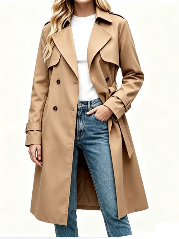 Double Breasted Women Solid Color Casual Long Trench Coat with Belt