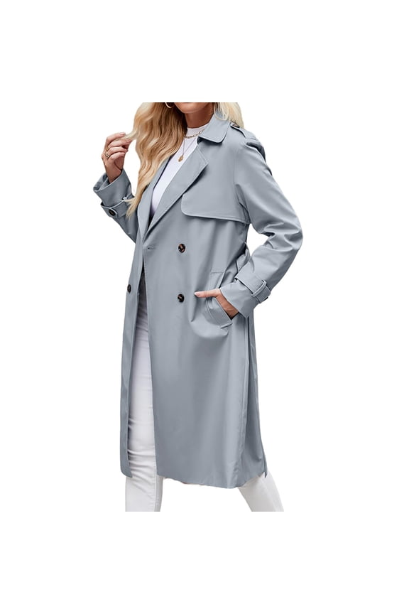 Double Breasted Women Solid Color Casual Long  Trench Coat with Belt