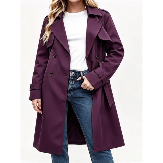 Double Breasted Women Solid Color Casual Long Trench Coat with Belt