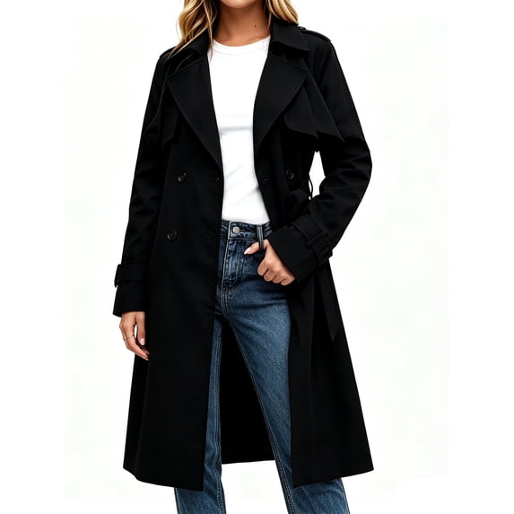 Double Breasted Women Solid Color Casual Long Trench Coat with Belt