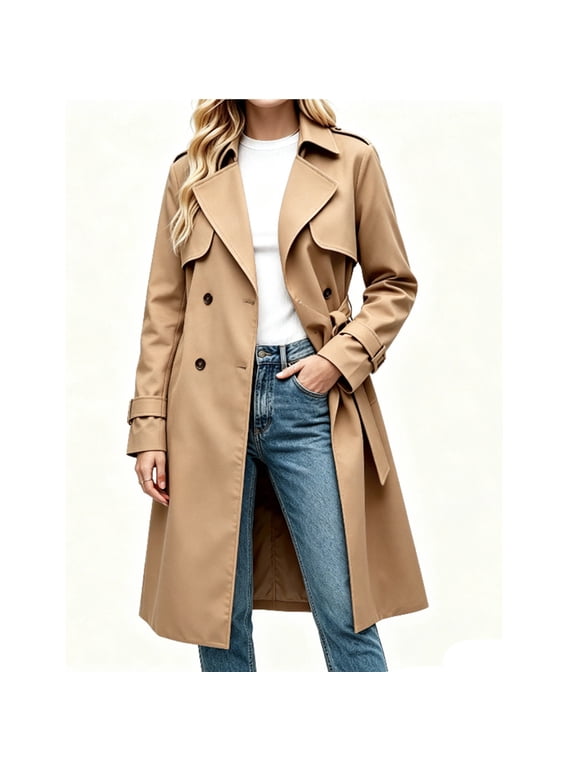 Double Breasted Women Solid Color Casual Long Trench Coat with Belt