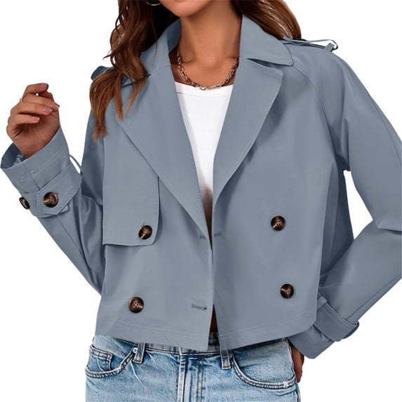 Double Breasted Women Solid Color Lapel Trench Coat Cropped Jacket