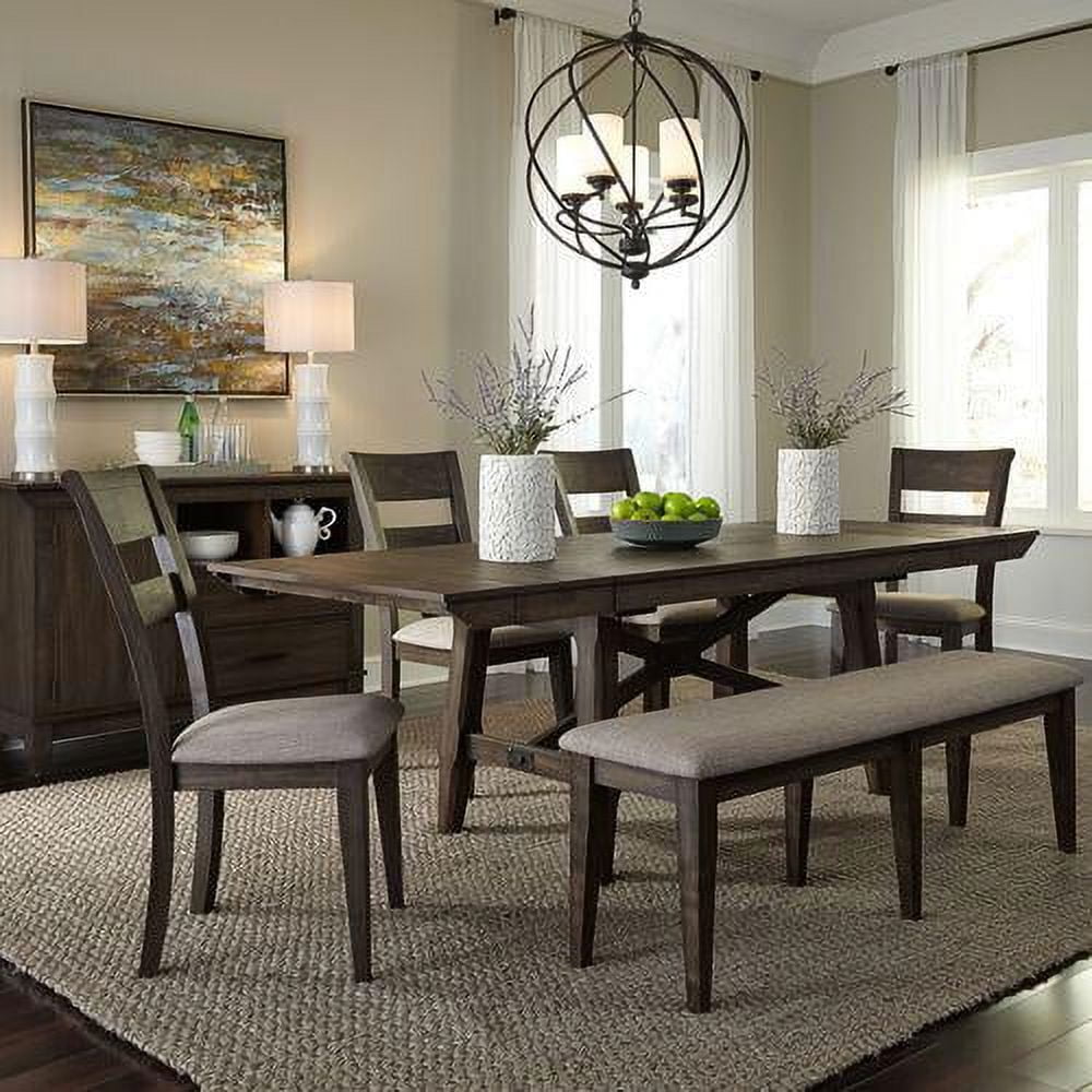 Dark Chestnut Rubberwood Trestle Dining Set with Gray Linen Upholstery