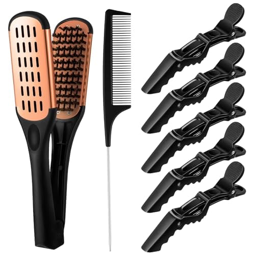 Double Brush Boar Bristle Clamp Comb with Alligator Hair Clips, Pin Rat Tail Comb for Hairstyling (Orange)