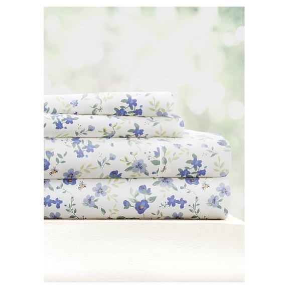 Double-Brushed Patterned Microfiber Full Sheet Set 4 Piece – Oeko-TEX Certified Ultra Soft & Wrinkle-Free - 16" Deep Pocket Sheets - Easy Care Full Size - Blossoms Light Blue