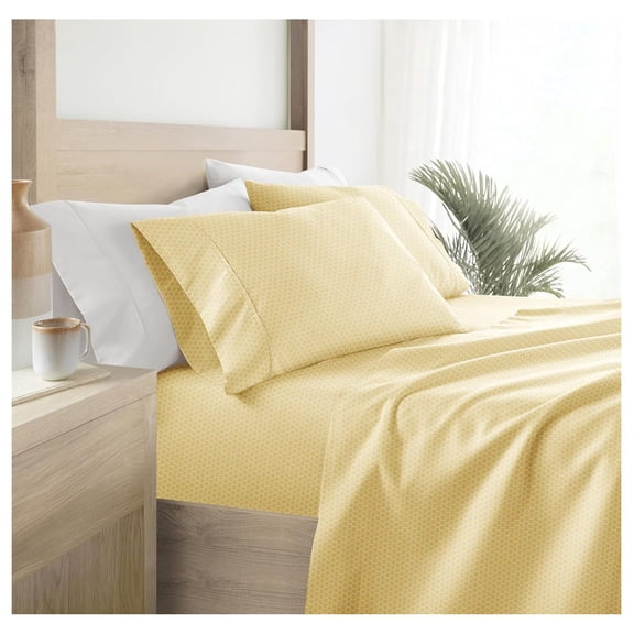 Double-Brushed Patterned Microfiber Queen Sheet Set 4 Piece – Oeko-TEX Certified Ultra Soft & Wrinkle-Free - 16" Deep Pocket Sheets - Easy Care Queen Size - Honeycomb Yellow