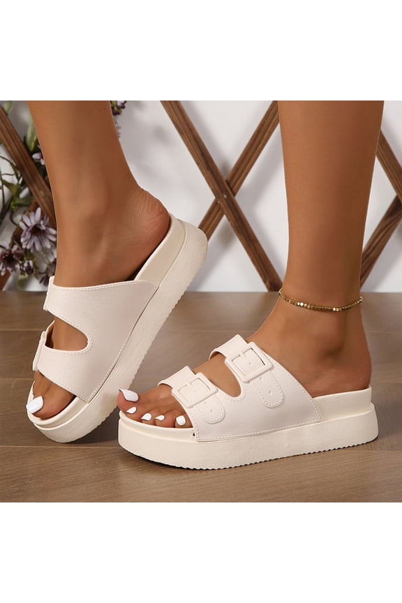 Double Buckle Platform Slide Sandals, Women's Comfort Slides With Arch Support, Non-Slip Lightweight Foam Slip-On Flat Beach Sandals With Adjustable Buckle for Vacation & Everyday Wear, White 5.5