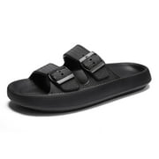 Double Buckle Sandals Adjustable for Women Men Flat Sandals Pillow Cloud Slippers Comfort Slide Waterproof Slip-on Shower Shoes Seaside Black 38-39