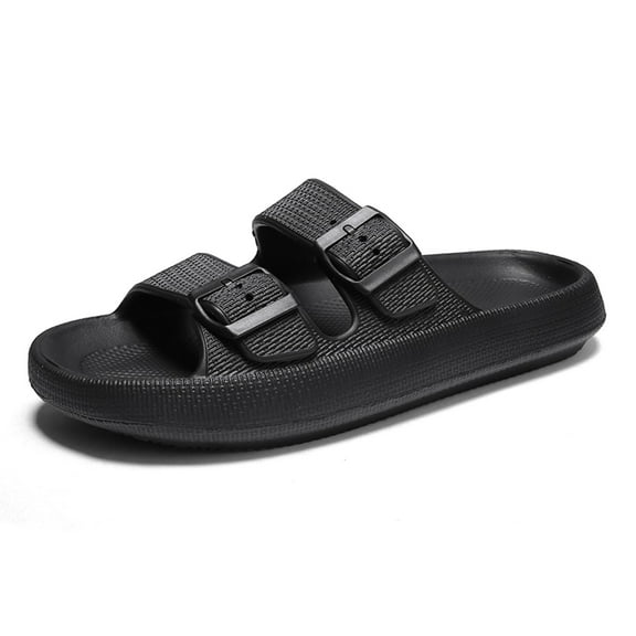 Double Buckle Sandals Adjustable for Women Men Flat Sandals Pillow Cloud Slippers Comfort Slide Waterproof Slip-on Shower Shoes Seaside Black 42-43