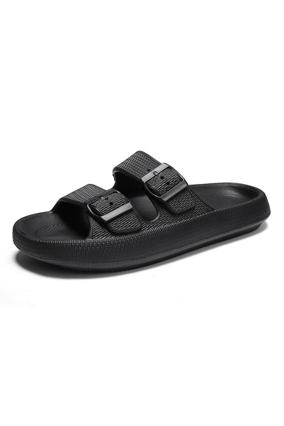 Double Buckle Sandals Adjustable for Women Men Flat Sandals Pillow Cloud Slippers Comfort Slide Waterproof Slip-on Shower Shoes Seaside Black 42-43