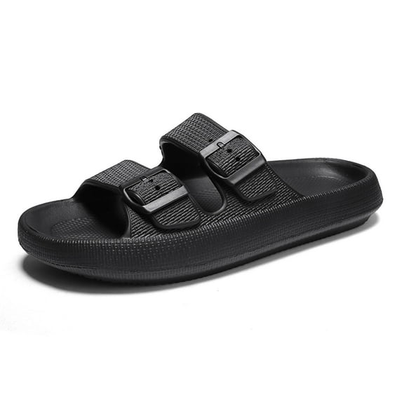 Double Buckle Sandals Adjustable for Women Men Flat Sandals Pillow Cloud Slippers Comfort Slide Waterproof Slip-on Shower Shoes Seaside Black 44-45