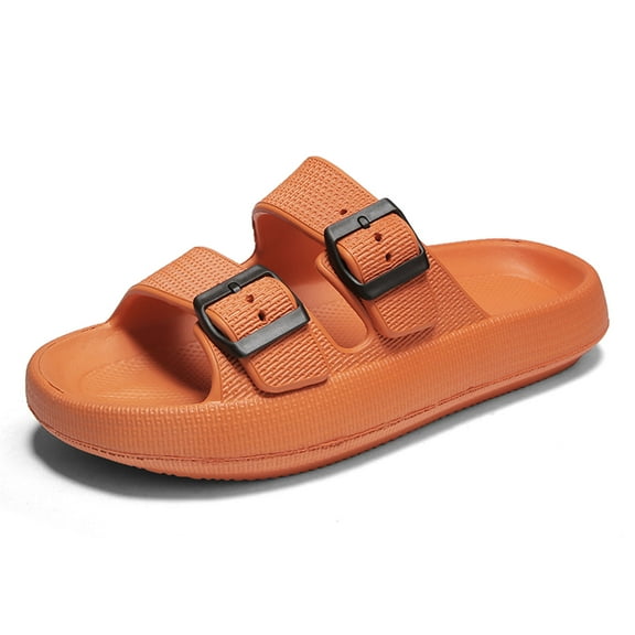 Double Buckle Sandals Adjustable for Women Men Flat Sandals Pillow Cloud Slippers Comfort Slide Waterproof Slip-on Shower Shoes Seaside Orange 36-37