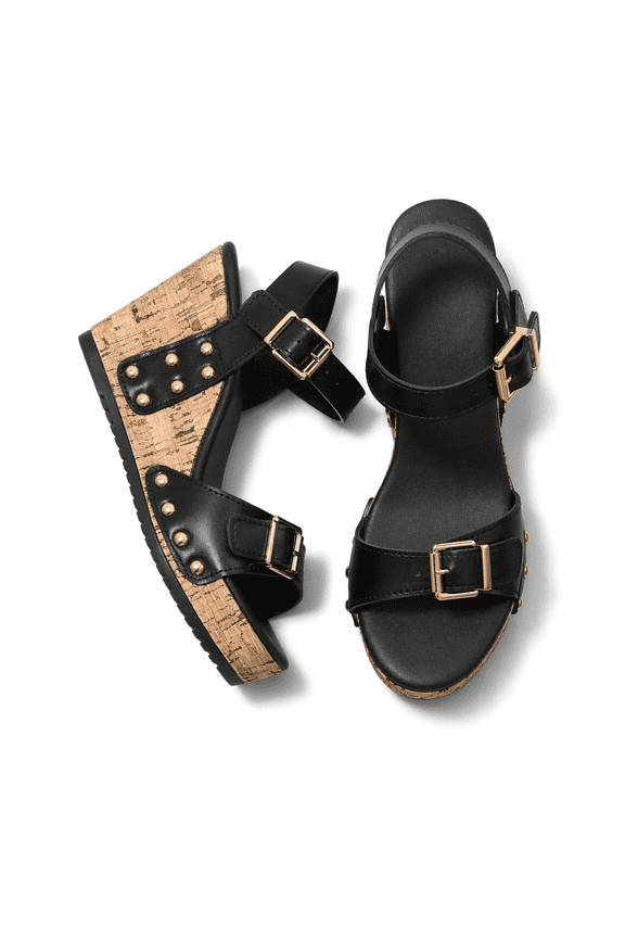Double Buckle Studded Platform Wedge Sandal, Synthetic Summer Shoes (Women's)