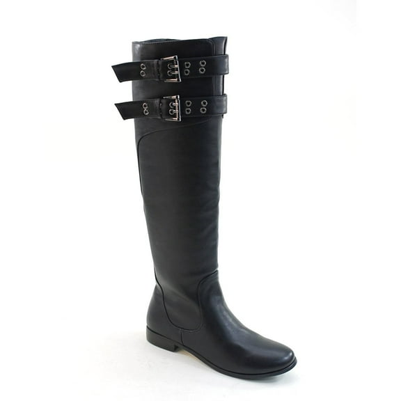 Double Buckles Knee High Low Heel Riding Women's Vegan Boots - 5.5