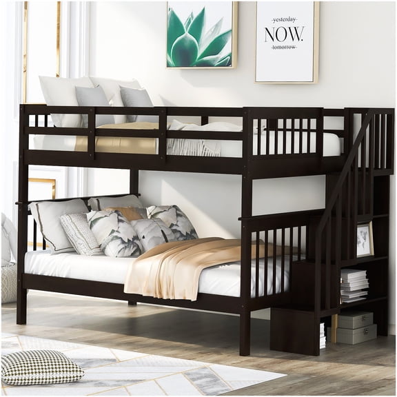 Double Bunk Bed with Stairs and Storage, Convertible 2-in-1 Bunkbed Frame, No Box Spring Needed, Solid Wood in Espresso