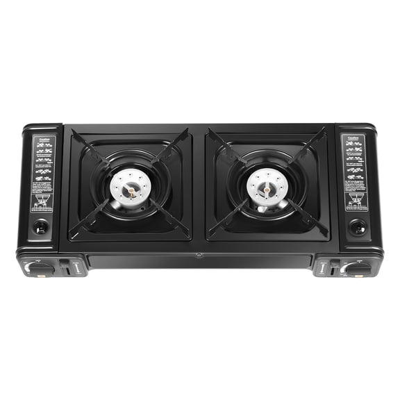 Double Burner Butane Stove, Butane Camping Stove Kit with Baking Pan and Carrying Case, Portable Auto Ignition Camping Burner LPG for RV, Apartments, Outdoor