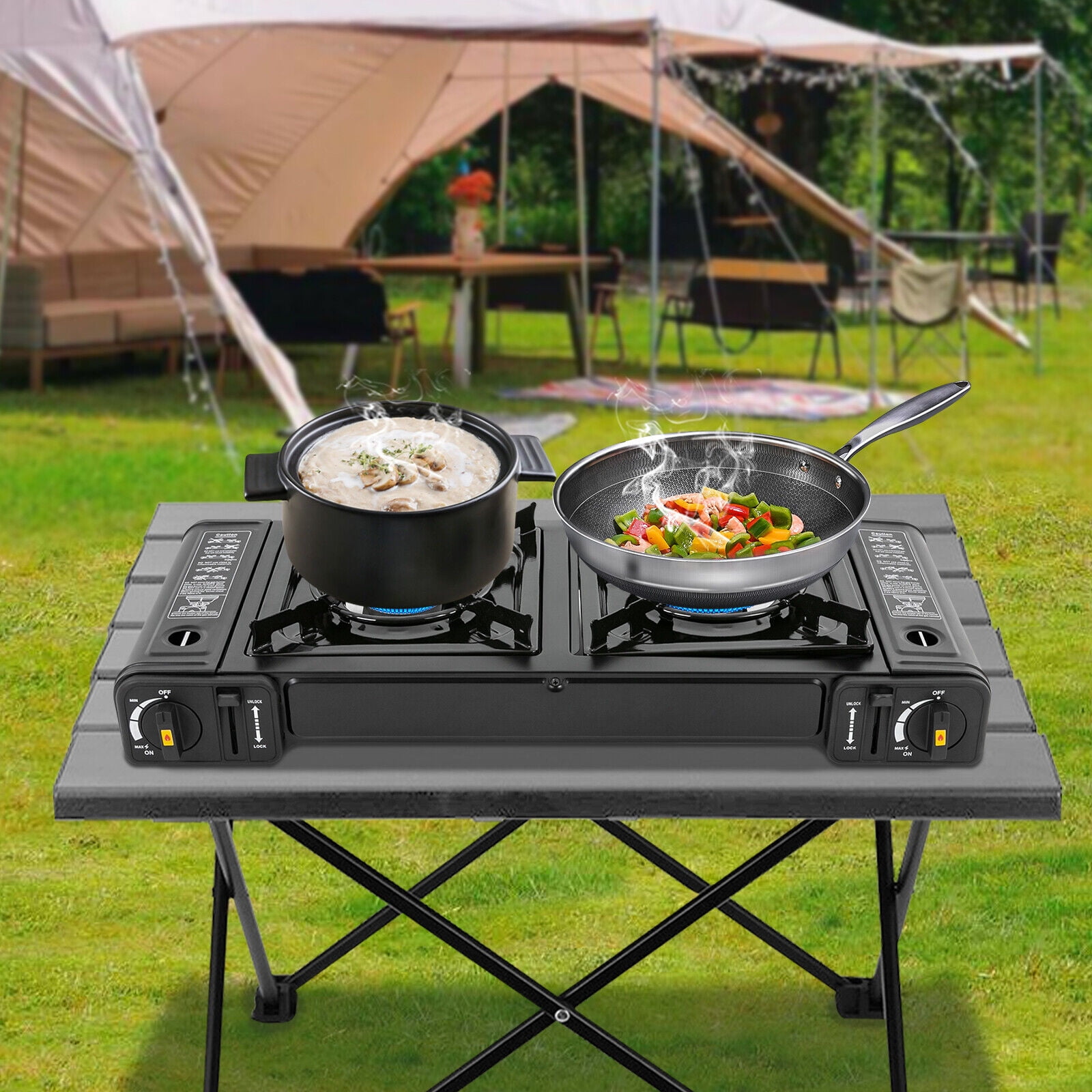 Double Burner Butane Stove Butane Camping Stove Kit with Grill Plate and Carrying Case Portable Auto Ignition Camping Burner LPG for RV Apartments