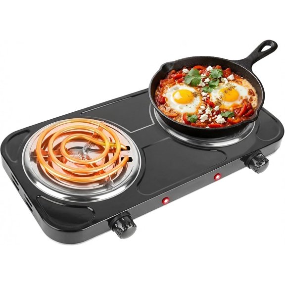 Double Burner Cooktop, 2000W Portable Electric Stove, | 5 Level Temperature Control, Easy to Clean, Power Indicator Lights, RV Hot Plate for Home Dorm Camping Cooking