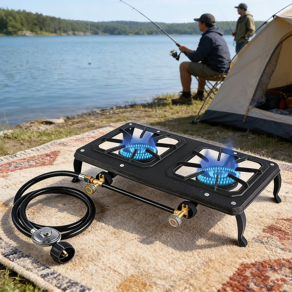 Double Burner Heavy Duty Cast Iron Propane Stove Portable Outdoor Cooker 200 LB Support Removable for Camping BBQ and Off Grid Cooking