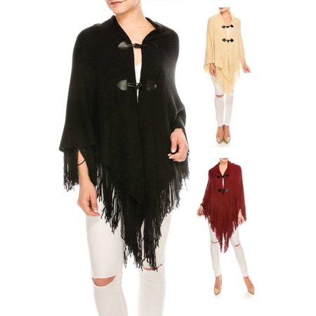 Double Button Fringe Cape Poncho