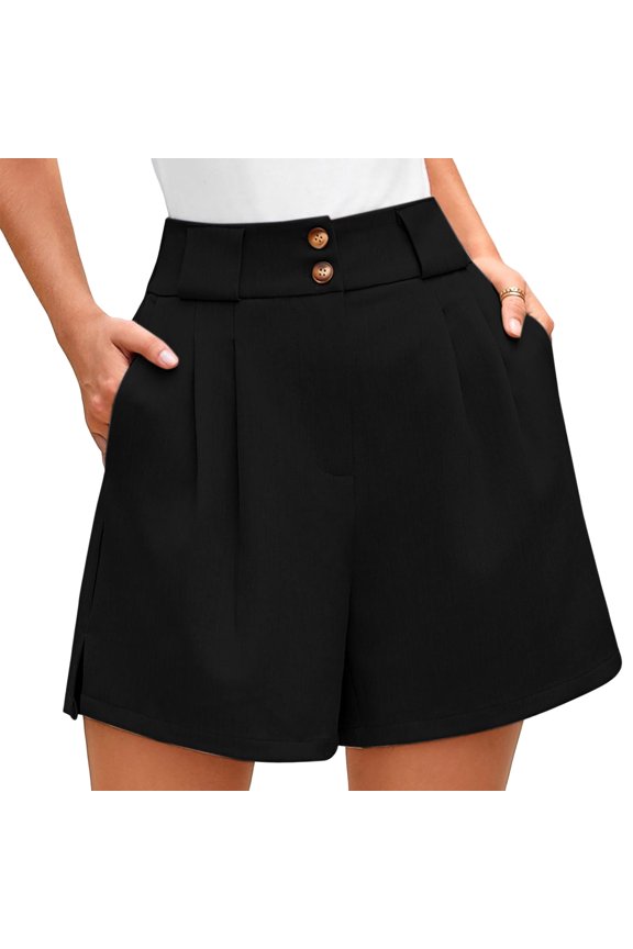 Double-Button High-Waist Pleated Shorts for Women – Loose Wide Leg with Practical Side Pockets