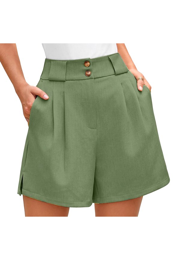 Double-Button High-Waist Pleated Shorts for Women – Loose Wide Leg with Practical Side Pockets