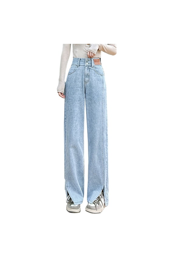 Double Button Slit Jeans Feminine High Waist Straight Pants Loose Thin Narrow Wide Leg Trousers Pants with Elastic Waist for Women Harem Pants Women plus Yoga Pants plus Size Tall Womens Business