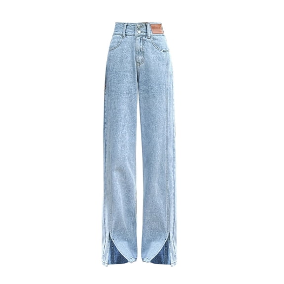 Double Button Slit Jeans Feminine High Waist Straight Pants Loose Thin Narrow Wide Leg Trousers