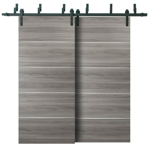 Double Bypass Barn Sliding Grey Doors 64 x 96 with 6.6FT Rails | Planum 0020 Ginger Ash | Heavy Top Mount 2 Tracks Slider Set | Closet Modern Solid Core Doors
