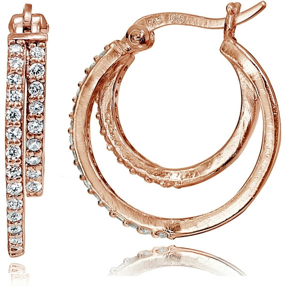 Double CZ 14kt Rose Gold over Sterling Silver Hoop Earrings