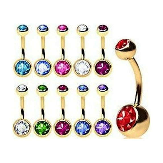 Double CZ Gold Basic Belly Ring 14G (1.6MM) #93 (Iridescent)