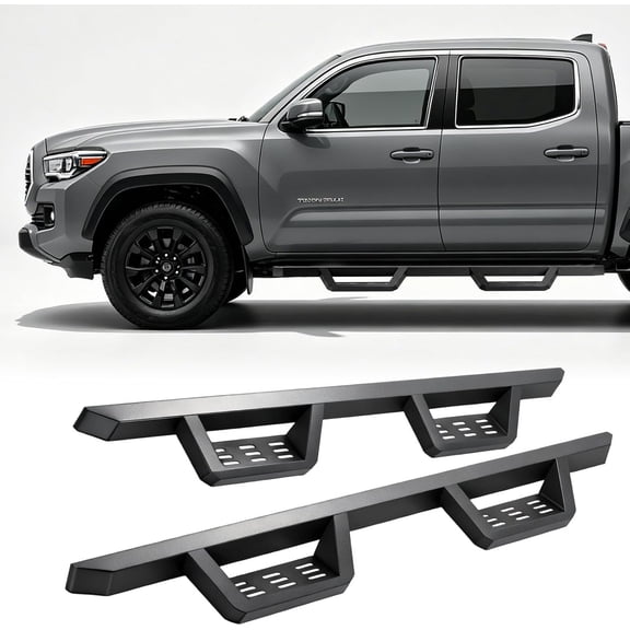 Double Cab Running Boards & Side Steps Compatible with 2024, 2025, 2026 Toyota Tacoma Double Cab (4 Full Size Doors) Black Textured 2-Tier Steel Drop-Down Side Steps Nerf Bars