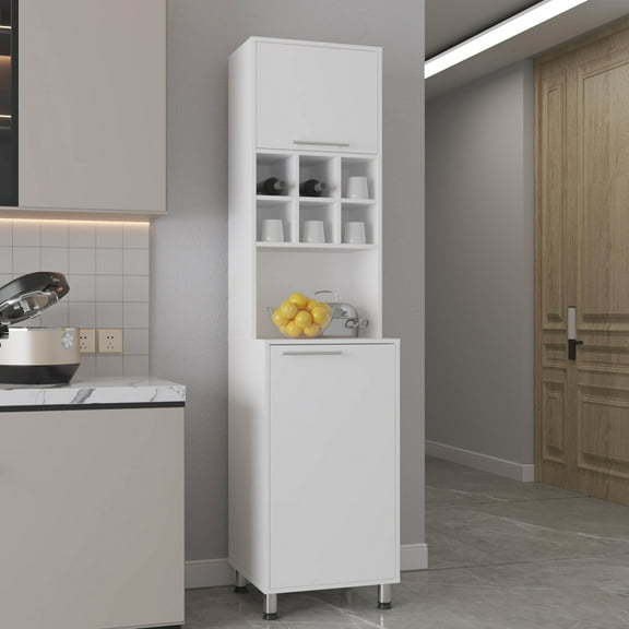 Double Cabinet Kitchen Storage - 80" High With Six Spice And Four Shelves, White, Modern For With Garage Pantry
