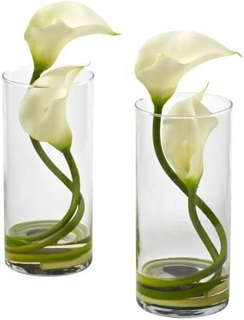 Elegant White Calla Lily 10.5" Faux Floral Arrangement in Glass Vase