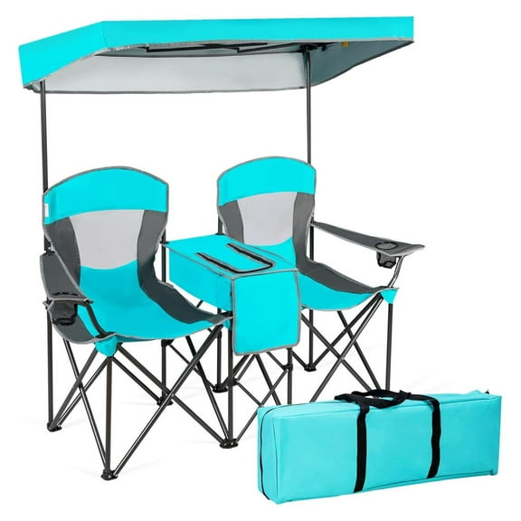 Double Camping Chair with Canopy, 2-Person Canopy Chair with Mini Table Cup Holder, Cooler Bag & Carry Bag, Outdoor Folding Chairs for Beach, Lawn, Sports and Outside Activities (Turquoise)
