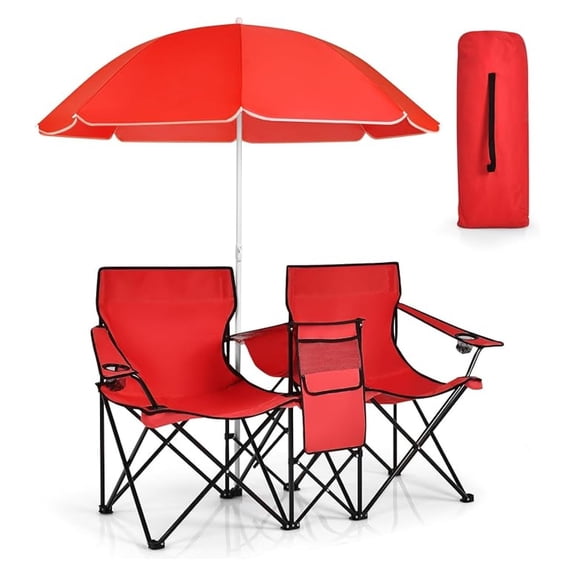 Double Camping Chair with Canopy, Folding Camp Chairs w/Cup Holder, Cooler & Carry Bag, Table, Side Pocket, 2 Person Portable Beach Chair with Umbrella, for Picnic Fishing (Red)