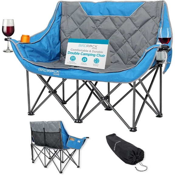 Double Camping Chair - Double Wine & Cup Holders - Blue & Grey, Durable Padded Fabric, Sturdy Frame, 650 lb Cap. Storage, Spacious Camping Sofa, Loveseat for The Beach, Sports, Outdoors