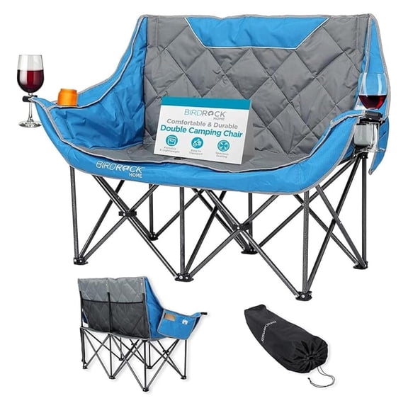 Double Camping Chair - Double Wine & Cup Holders - Blue & Grey, Durable Padded Fabric, Sturdy Frame, 650 lb . Storage, Spacious Camping Sofa, Loveseat for The Beach, Sports, Outdoors