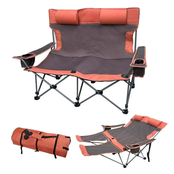 Double Camping Chair with Headrest and Footrest, 2 Person Folding Camping Loveseat Recliner, Portable Outdoor Loveseat Camping Chair with Cup Holder Armrest