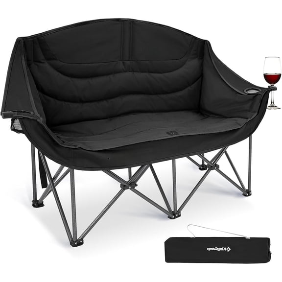 Double Camping Chair, Heavy Duty 550lbs Loveseat for Adults Portable Folding XL 2 Person Couch Padded Comfortable Two Seat with Cup Holder for Outdoor Lawn Backyard, Black